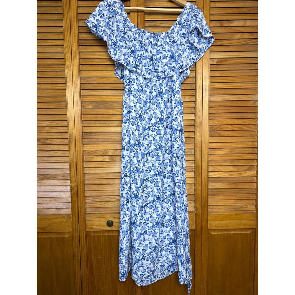 Rebecca Taylor Blue White‎ Floral Silk Maxi Dress Off Shoulder Ruffle 4